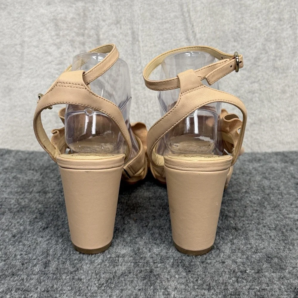 Vince Camuto‎ Sandals Womens Size 10 Beige Leather Ruffle Block Heel Ankle Strap